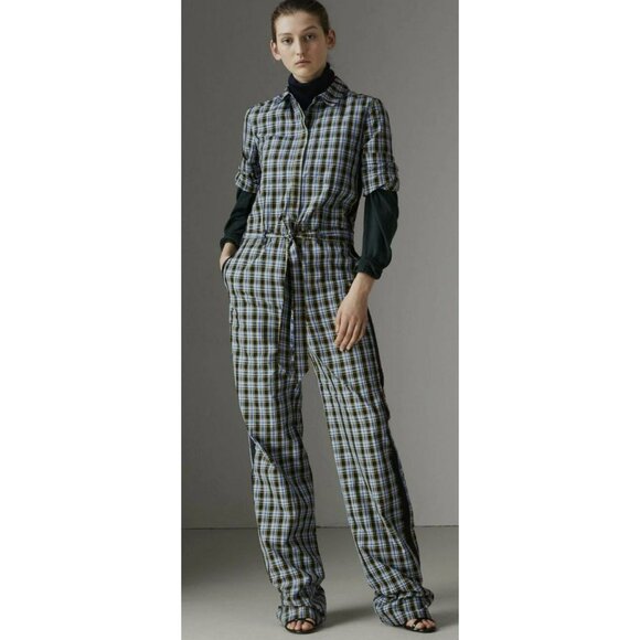 Burberry Jumpsuit Check Tie Waist Azure Blue Size 6 NWT - Picture 3 of 12